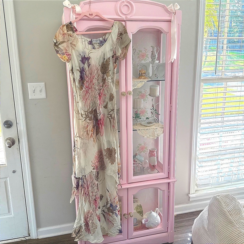 Nostalgia Floral Maxi Dress Short Flutter Sleeve Layered Handkerchief Hem Cream